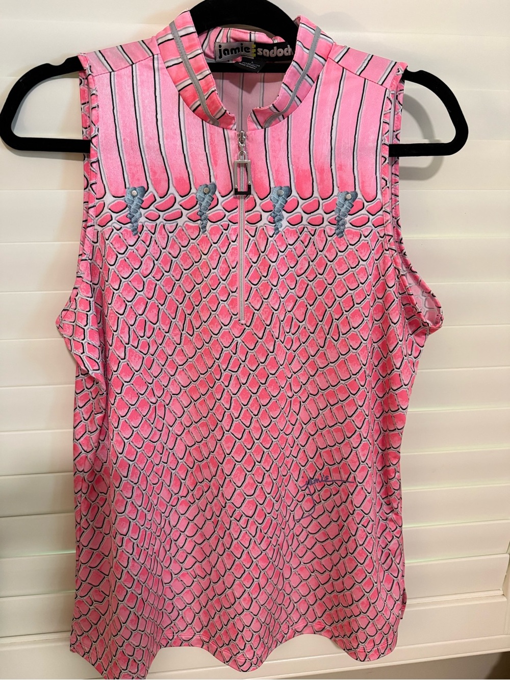jamie sadock Pink Sleeveless Zip Golf Top with Scale Print
